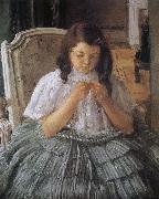 Mary Cassatt The girl is sewing in green dress Germany oil painting reproduction